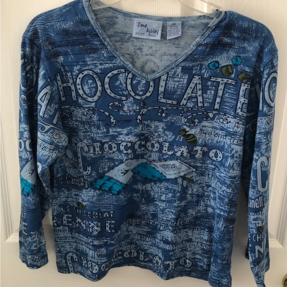 Jane Ashley Novelty Blue Heathered Graphic V-Neck Top Y2K Graphic Vintage Newsy
